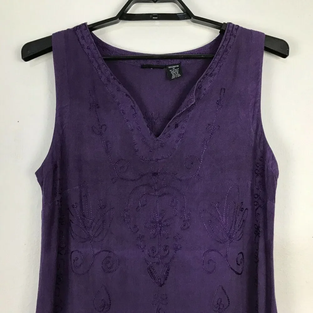 Vintage‎ 1990s Purple Rayon Dress Size M Sleeveless Side Vent Embroidered Midi